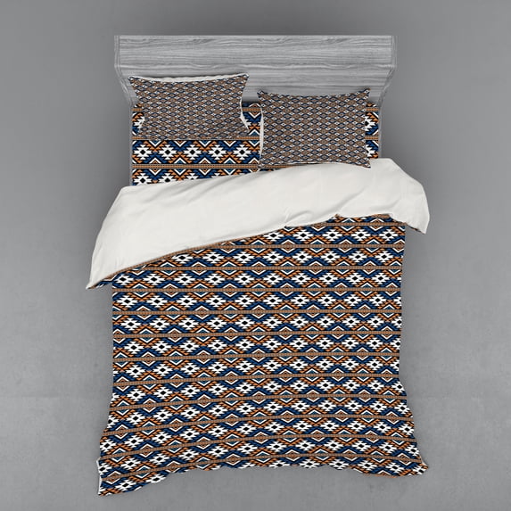Ambesonne Boho Bedding Set 4 Pcs, Geometrical Pattern, Queen, Orange Blue and White