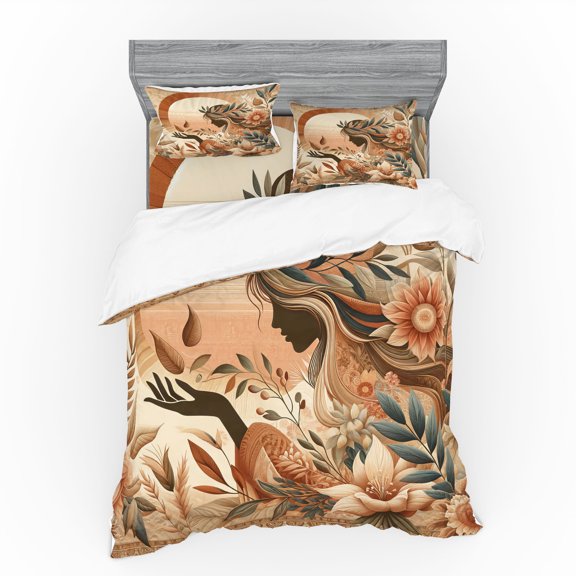 Ambesonne Boho Bedding Set 4 Pcs, Peachy Hues Nature Lady Botany, Calking, Slate Blue and Pale Rust
