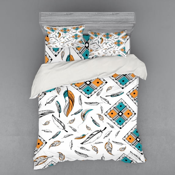 Ambesonne Boho Bedding Set 4 Pcs, Tribal Bohemian Feather, Queen, Teal Orange Black
