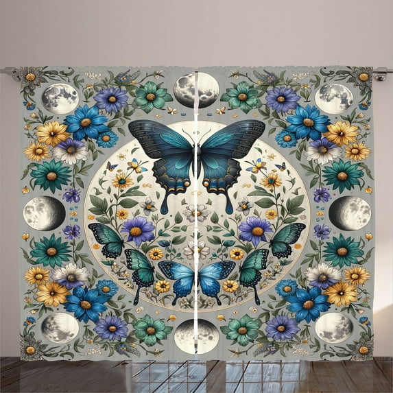 Ambesonne Boho Curtains 2 Panel Set, Colorful Floral Moon Butterfly, 108" x 90", Sea Blue Pale Grey Teal