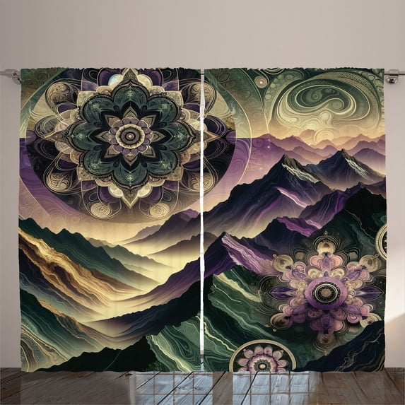 Ambesonne Boho Curtains 2 Panel Set, Dreamy Wilderness Mountains, 108" x 63", Pale Lilac Reseda Green