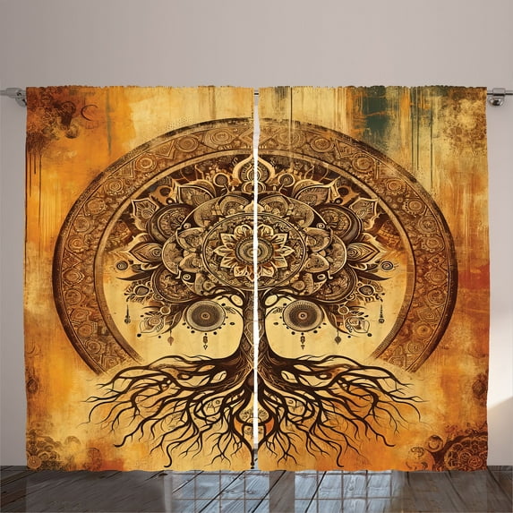 Ambesonne Boho Curtains 2 Panel Set, Oriental Atmosphere Mandala, 108" x 108", Burnt Orange Dark Taupe
