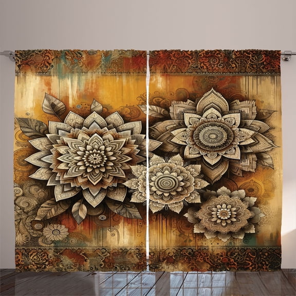 Ambesonne Boho Curtains 2 Panel Set, Trippy Intricate Mandala Art, 108" x 84", Pale Vermilion Cream