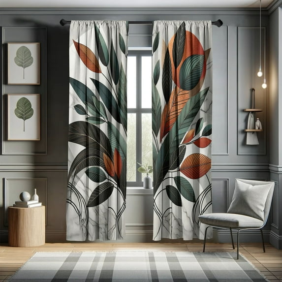 Ambesonne Boho Curtains, Mid Century Exotics Art Leaves, Pair of 28"x95", Orange Laurel Green Grey