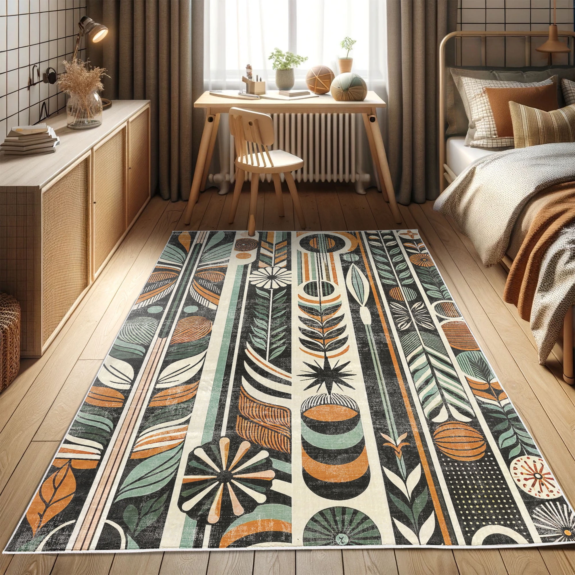 Pale Teal and Dark Orange Geometric Synthetic Area Rug 2'3" x 3'9"