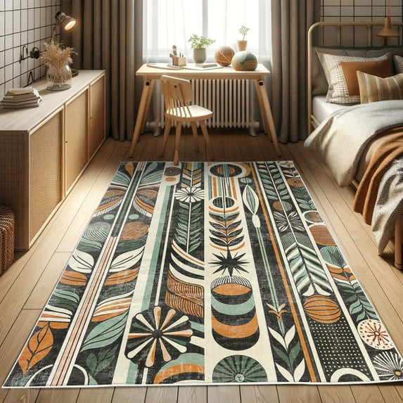 Ambesonne Boho Decorative Rug Carpet, Bohemian Geometric Leafy Art, 2' 5" x 5', Pale Teal Dark Orange