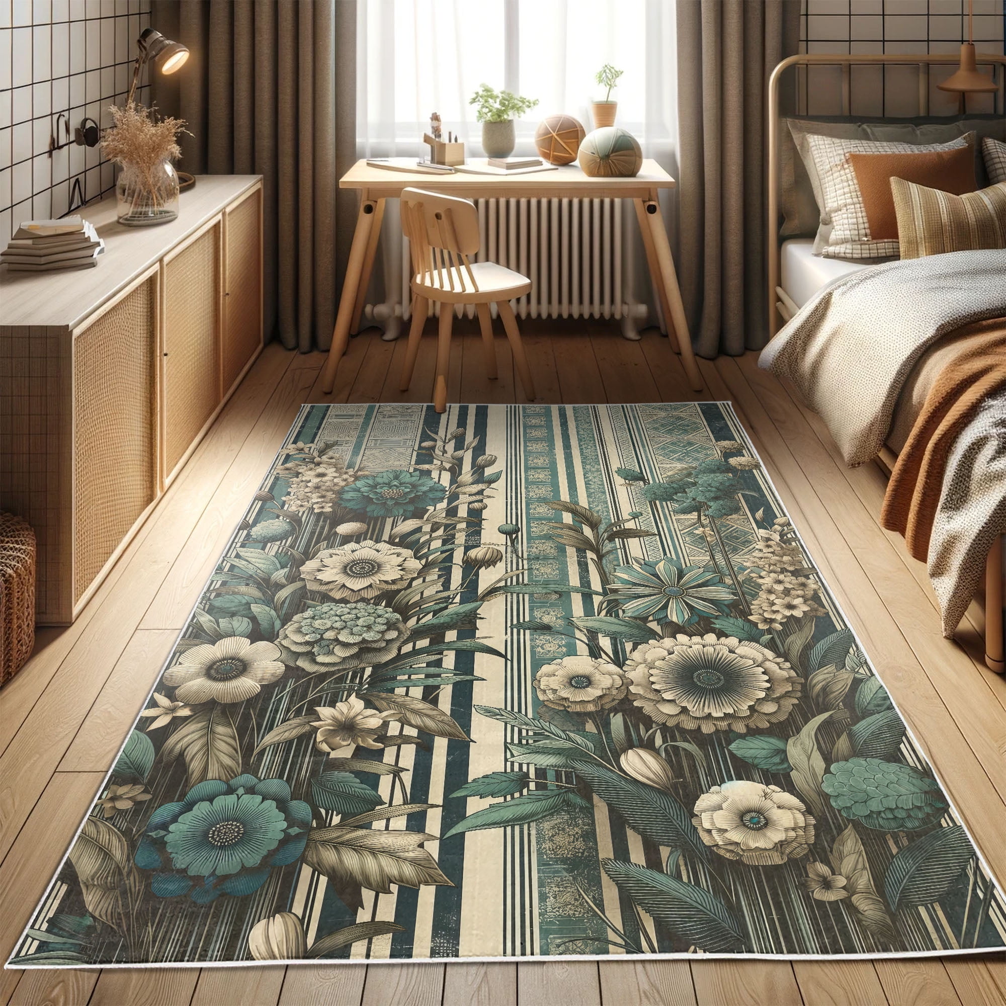 Teal and Ivory Floral Boho Area Rug, 2' 5" x 5'