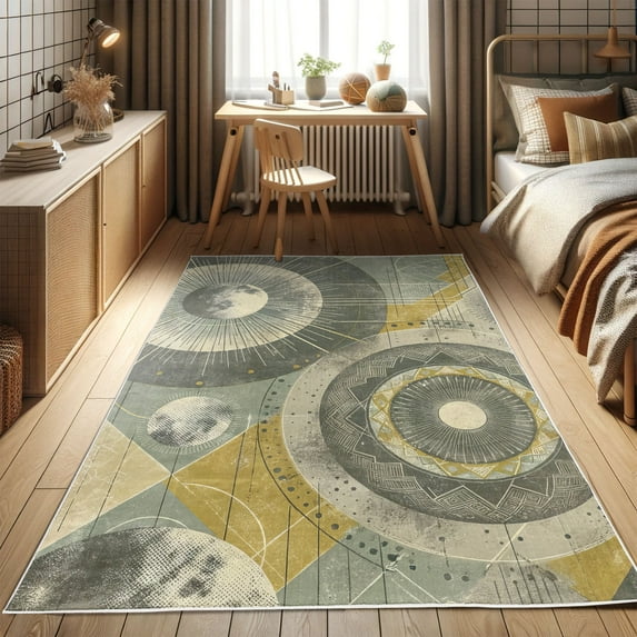 Ambesonne Boho Decorative Rug Carpet, Geometric Moon Mandala Muted, 2' x 5', Grey Teal Earth Yellow