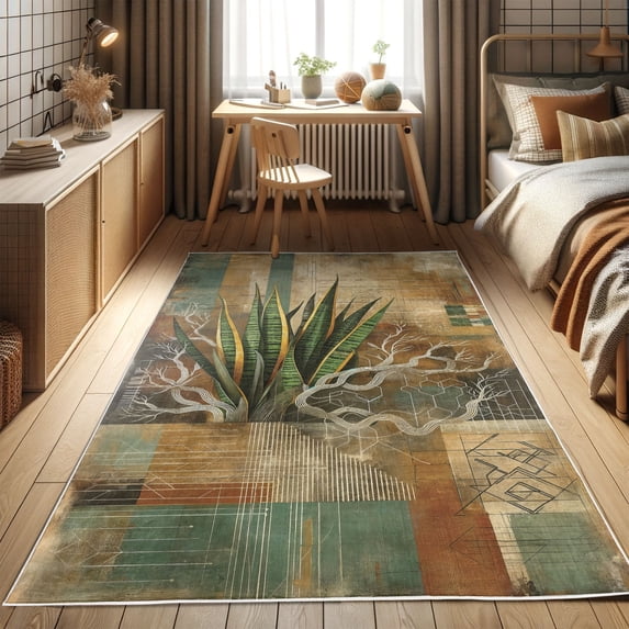 Ambesonne Boho Decorative Rug Carpet, Leaves of Sansevieria Grunge, 2' 5" x 5', Emerald Caramel and Green