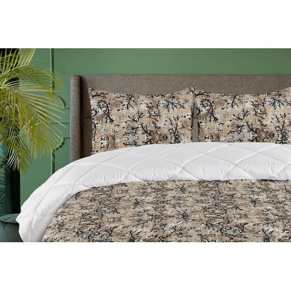 Ambesonne Boho Down Alternative Quilt Comforter, Ethnic Style Branches Folk Art, Full, Ecru Dark Brown Sepia