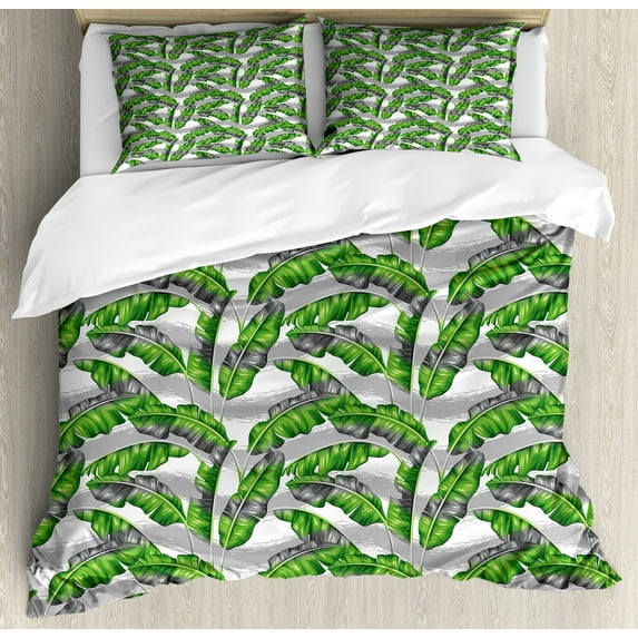Ambesonne Boho Duvet Cover Set, Banana Leaves Design, 2-Calking, Pale Grey Hunter Green