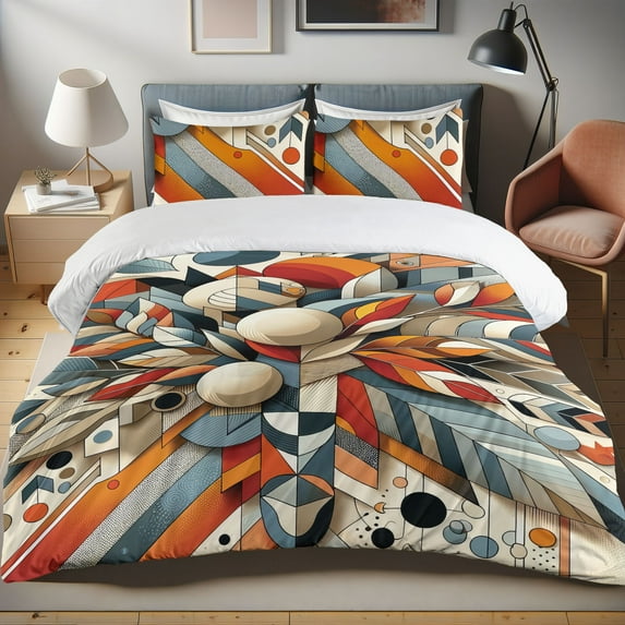 Ambesonne Boho Duvet Cover Set, Bohemian Colorful Feathers Art, King, Orange Blue Grey and Ecru