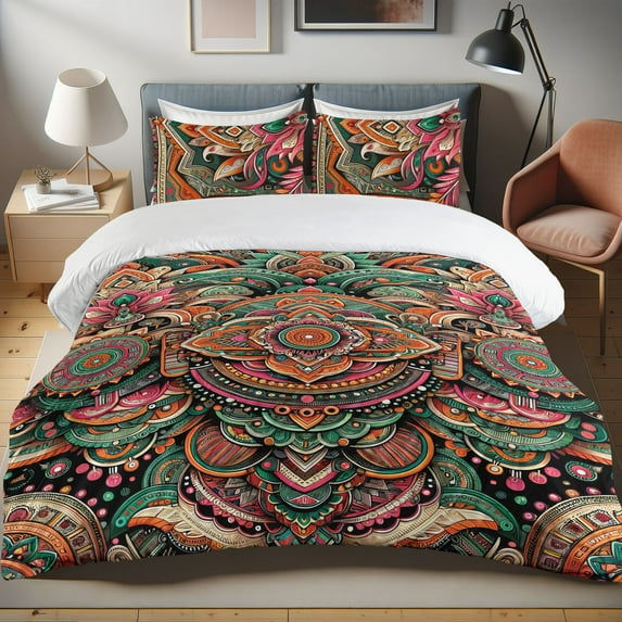 Ambesonne Boho Duvet Cover Set, Bohemian Native Tribal Mandala, King, Grey Cinnamon Sea Green
