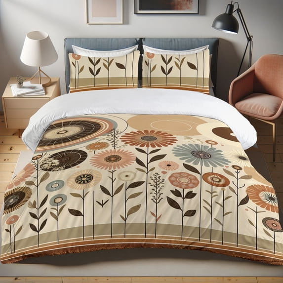 Ambesonne Boho Duvet Cover Set, Bohemian Wildflowers Autumn, Queen, Beige Dark Brown Ecru