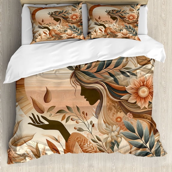 Ambesonne Boho Duvet Cover Set, Peachy Hues Nature Lady Botany, Queen, Slate Blue and Pale Rust