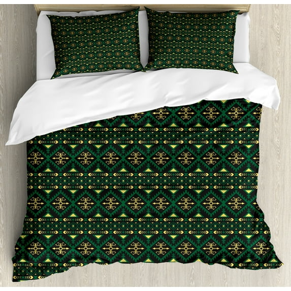Ambesonne Boho Duvet Cover Sets, Tribal Motifs and Shapes Print, 2-Queen, Charcoal Grey Mustard