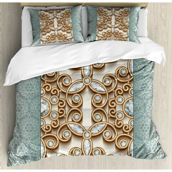 Ambesonne Boho Duvet Cover Sets, Vintage Diamonds Retro, 2-Queen, Teal and Tan