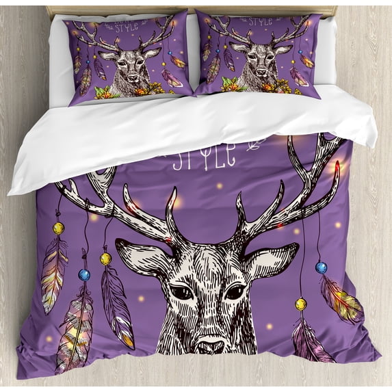 Ambesonne Boho Duvet Cover Sets, Wild Rein Deer Hand Drawn, 2-Queen, Purple
