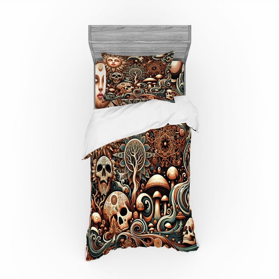 Ambesonne Boho Esoteric Bedding Set 3 Pcs, Hidden Woodland Skull, Twin, Cream Paprika Cadet Blue