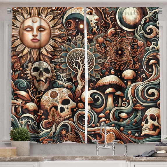 Ambesonne Boho Esoteric Kitchen Curtains, Hidden Woodland Skull, 55"x45", Cream Paprika Cadet Blue