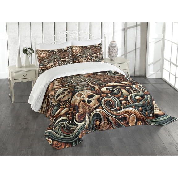 Ambesonne Boho Esoteric Quilted Bedspread Set 3 Pcs, Hidden Woodland Skull, Queen Size, Cream Paprika Cadet Blue