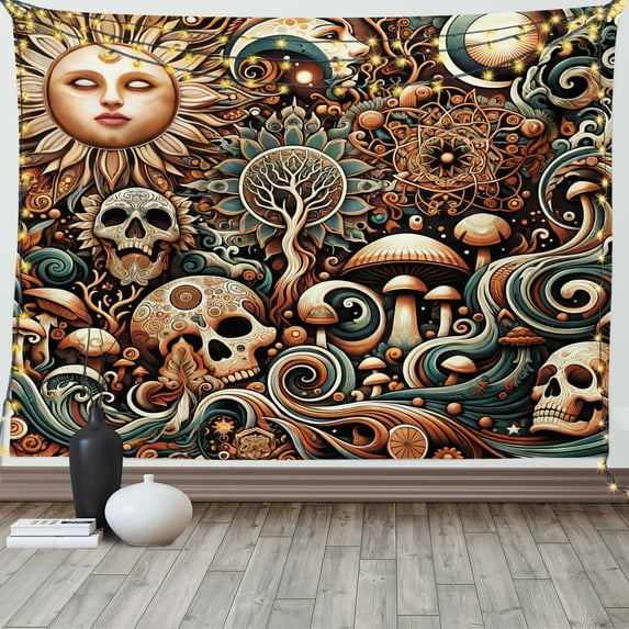 Ambesonne Boho Esoteric Tapestry Wall Hanging, Hidden Woodland Skull, 80"x60", Cream Paprika Cadet Blue