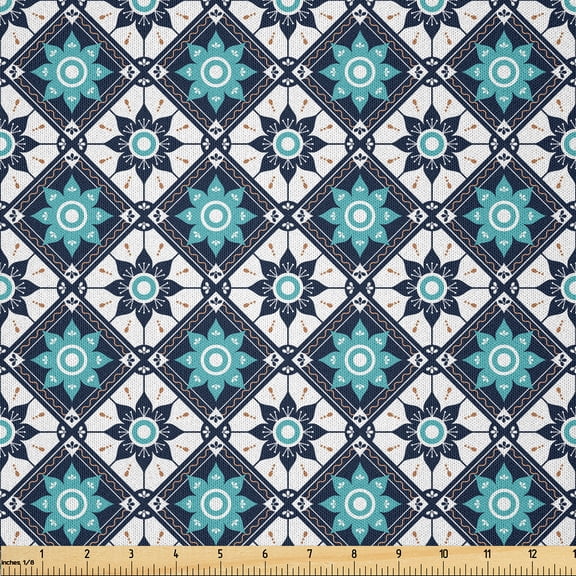 Ambesonne Boho Fabric by the Yard Microfiber, Folkloric Morocco Tile Inspire, 1 Yard, Seafoam Dark Blue