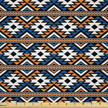 Ambesonne Boho Fabric by the Yard Microfiber, Geometrical Pattern, 1 Yard, Orange Blue and White