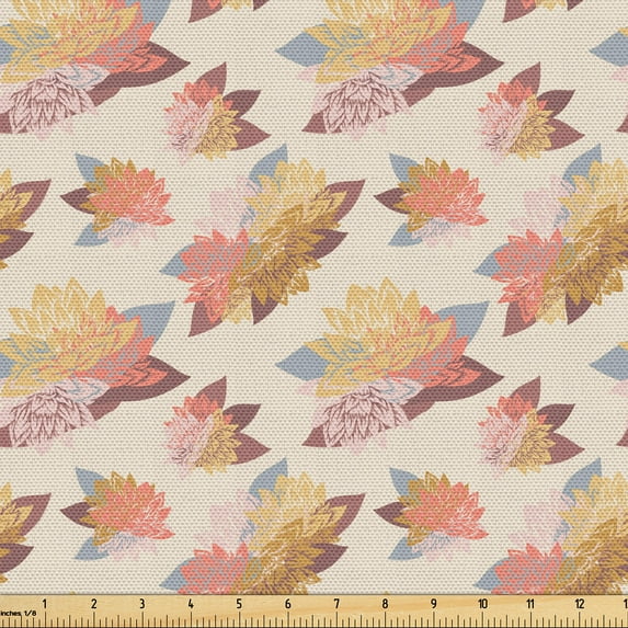 Ambesonne Boho Fabric by the Yard Upholstery, Autumnal Colored Lotus Flowers, 5 Yards, Pale Camel Coral
