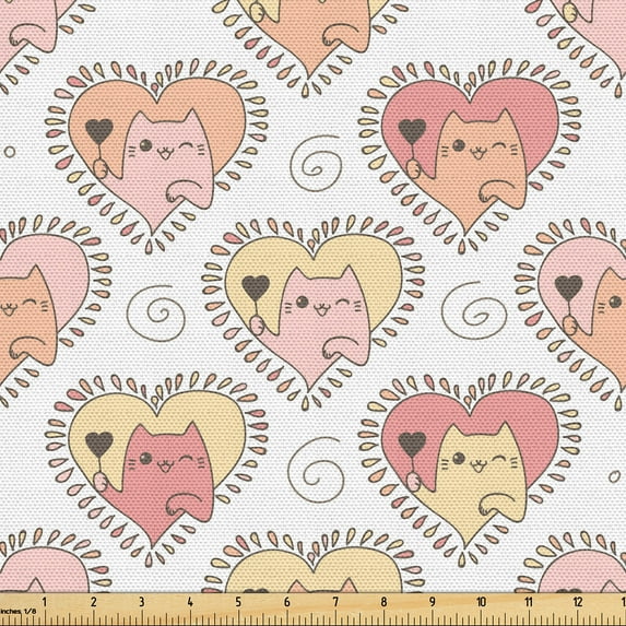 Ambesonne Boho Fabric by the Yard Upholstery, Cartoon Cats Colorful Hearts, 5 Yards, Blush Peach and White