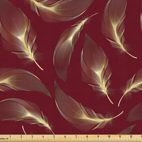 Ambesonne Boho Fabric by the Yard Upholstery, Floating Feather Modern Style, 2 Yards, Burgundy Mustard and Green