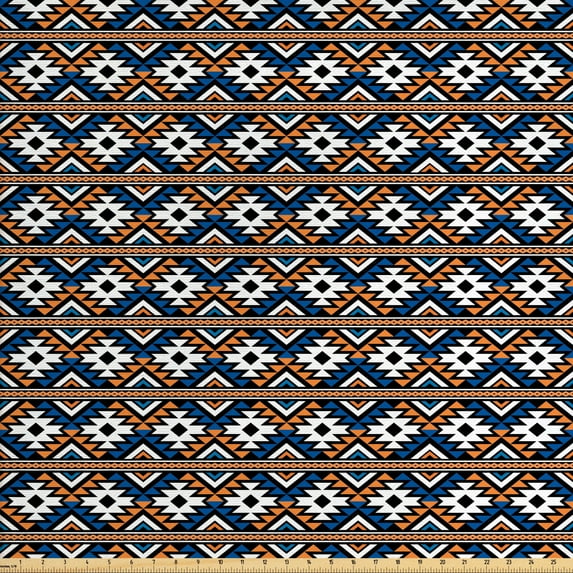 Ambesonne Boho Fabric by the Yard Upholstery, Geometrical Pattern, 2 Yards, Orange Blue and White