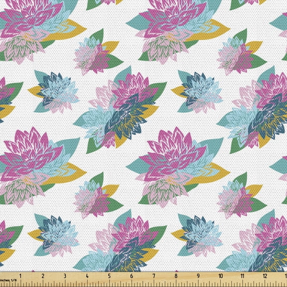 Ambesonne Boho Fabric by the Yard Upholstery, Lotus Flowers Floral Colorful, 1 Yard, Earth Yellow Pink and White