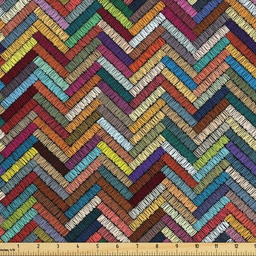 Ambesonne Boho Fabric by the Yard Upholstery, Zigzag Multicolored Antique, 2 Yards, Vermilion and Earth Yellow