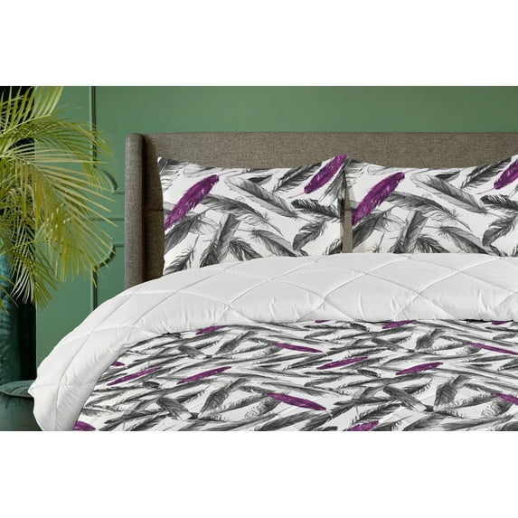 Ambesonne Boho Feathers Down Alternative Quilt Comforter, Japanese Fuzz Pattern, Full, Purple Charcoal Grey