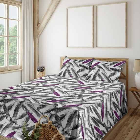 Ambesonne Boho Feathers Fitted & Flat Sheet with Shams 4 Pcs Set, Japanese Fuzz Pattern, Calking, Purple Charcoal Grey