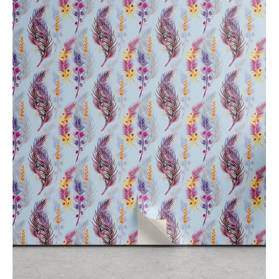 Ambesonne Boho Feathers Peel & Stick Wallpaper for Home, Hippie Fuzz Pattern, 13"x36", Pale Blue Dried Rose