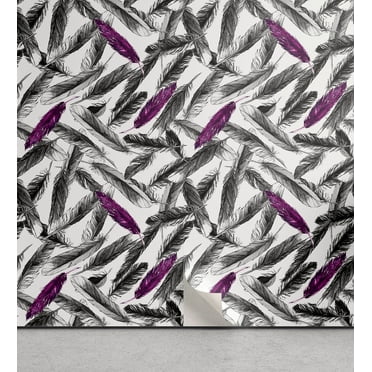 Ambesonne Boho Feathers Peel & Stick Wallpaper for Home, Japanese Fuzz Pattern, 13"x36", Purple Charcoal Grey