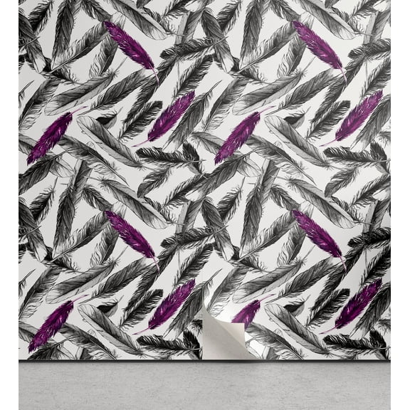 Ambesonne Boho Feathers Peel & Stick Wallpaper for Home, Japanese Fuzz Pattern, 13"x72", Purple Charcoal Grey