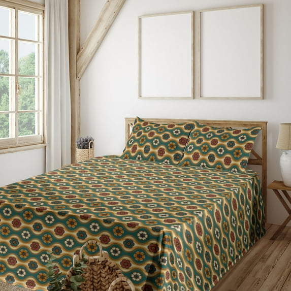 Ambesonne Boho Fitted & Flat Sheet with Sham 3 Pcs Set, Hippie Flowers Wavy Lines Boho, Twin, Teal Pale Coffee and Cinnamon