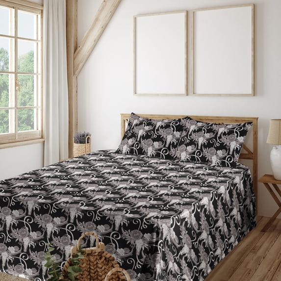 Ambesonne Boho Fitted & Flat Sheet with Sham 3 Pcs Set, Wild Animal Skull Bison Print, Twin XL, Charcoal Grey Warm Taupe