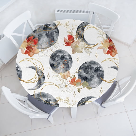 Ambesonne Boho Fitted Round Tablecloth, Bohemian Crescent Moon Flowers, 45"- 56" Diameter, Dark Blue Grey Amber