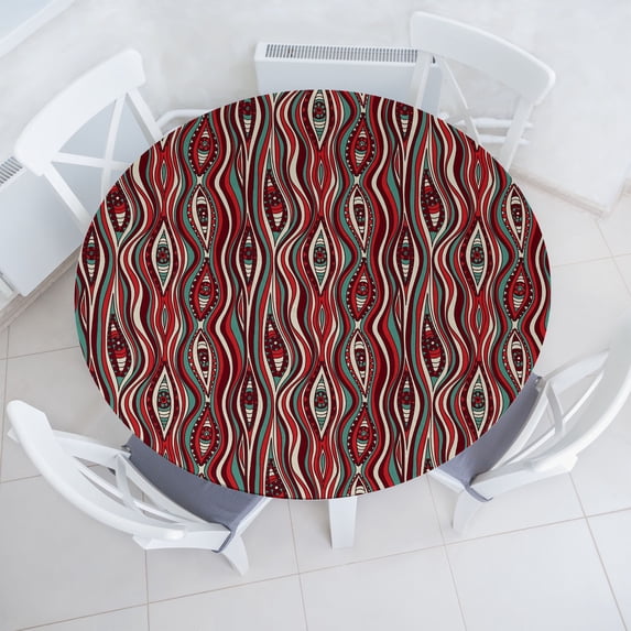 Ambesonne Boho Fitted Round Tablecloth, Hippie Bohemian 80s Design Art, 56"- 60" Diameter, Vermilion Seafoam and Ivory