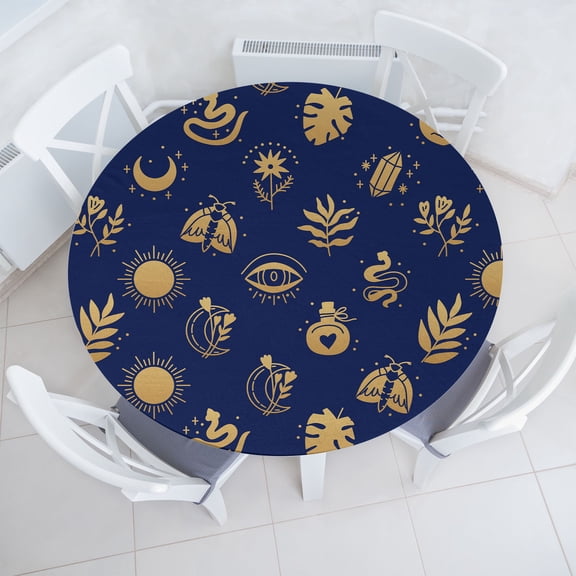 Ambesonne Boho Fitted Round Tablecloth, Moth Snake Moon Flower Witchy, 36"- 40" Diameter, Dark Mustard Indigo