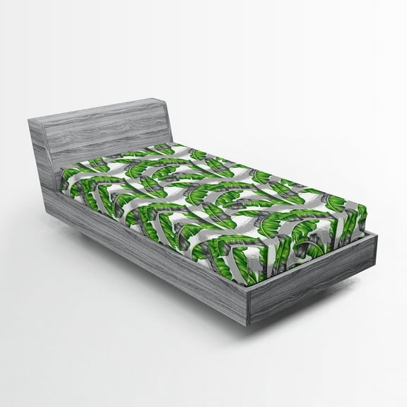 Ambesonne Boho Fitted Sheet, Banana Leaves Design, Twin Size, Pale Grey Hunter Green