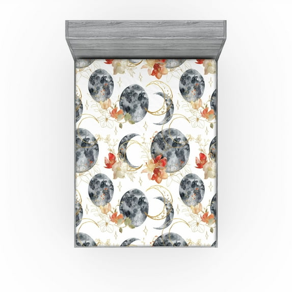 Ambesonne Boho Fitted Sheet, Bohemian Crescent Moon Flowers, Full Size, Dark Blue Grey Amber