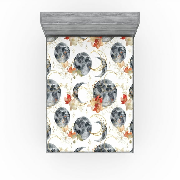 Ambesonne Boho Fitted Sheet, Bohemian Crescent Moon Flowers, Queen Size, Dark Blue Grey Amber
