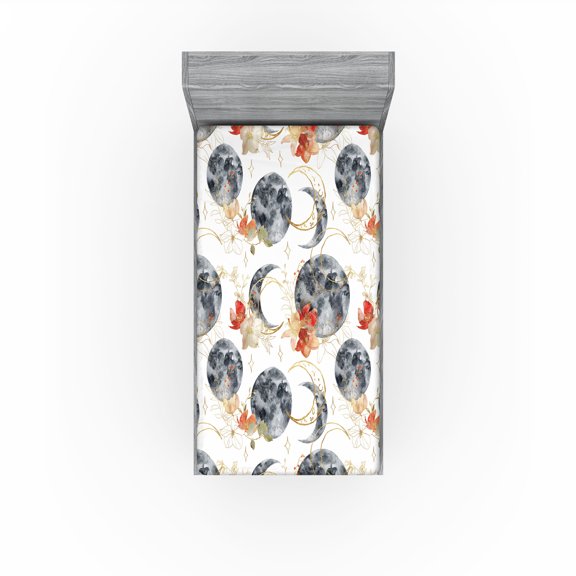 Ambesonne Boho Fitted Sheet, Bohemian Crescent Moon Flowers, Twin Size, Dark Blue Grey Amber