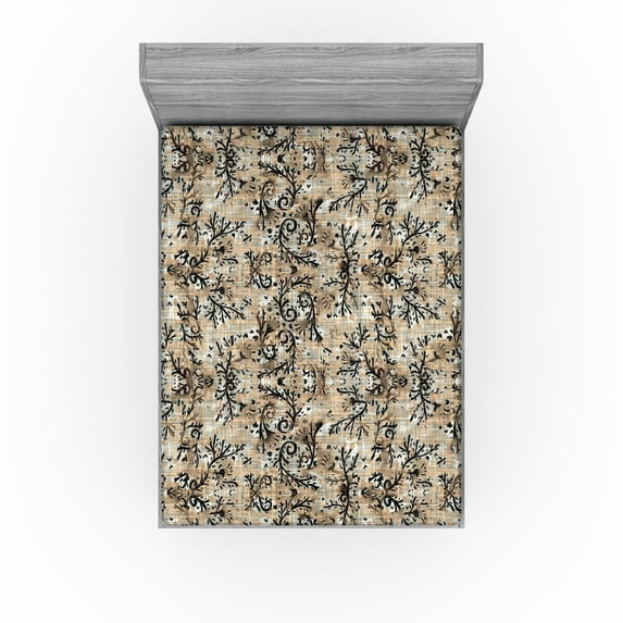 Ambesonne Boho Fitted Sheet, Ethnic Style Branches Folk Art, King Size, Ecru Dark Brown Sepia