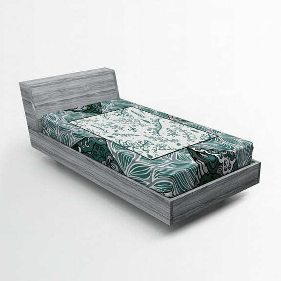Ambesonne Boho Fitted Sheet, Leaves Chevron Flower Mix, Twin Size, Jade Green Grey White